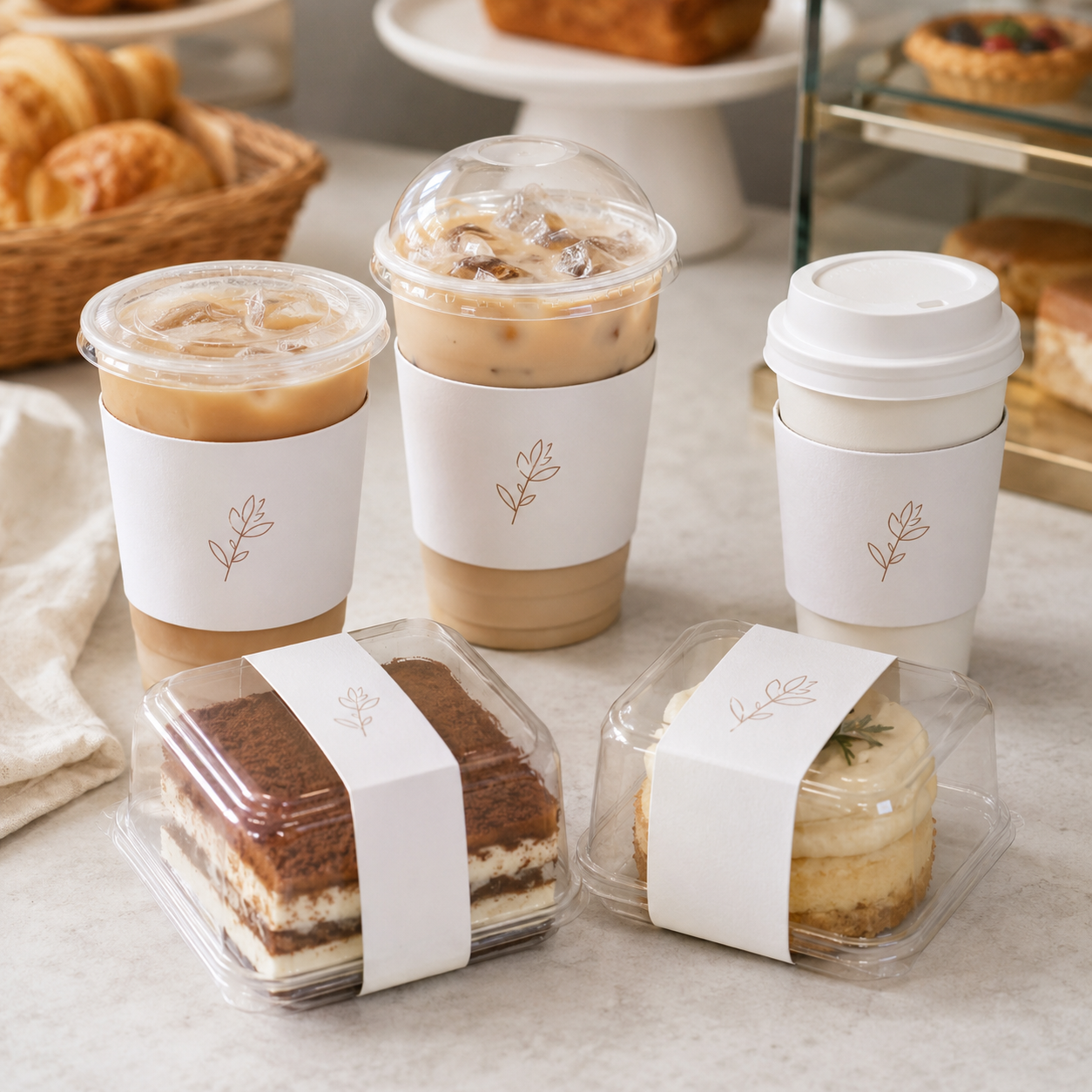 White-card cup sleeves and pastry bands